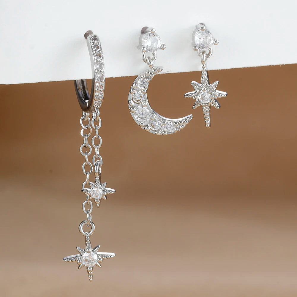 3pcs Gold Color Star Moon Drop Earring Set for Women Fashion Cubic Zirconia Chain Dangle Earring Hypoallergenic Piercing Jewelry