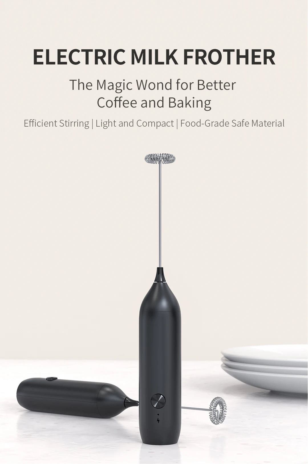 Electric Milk Frother 304 Stainless Steel Mini Foam Maker Rechargeable USB Type-C Cable Drink Mixer Whisk Beater for Coffee