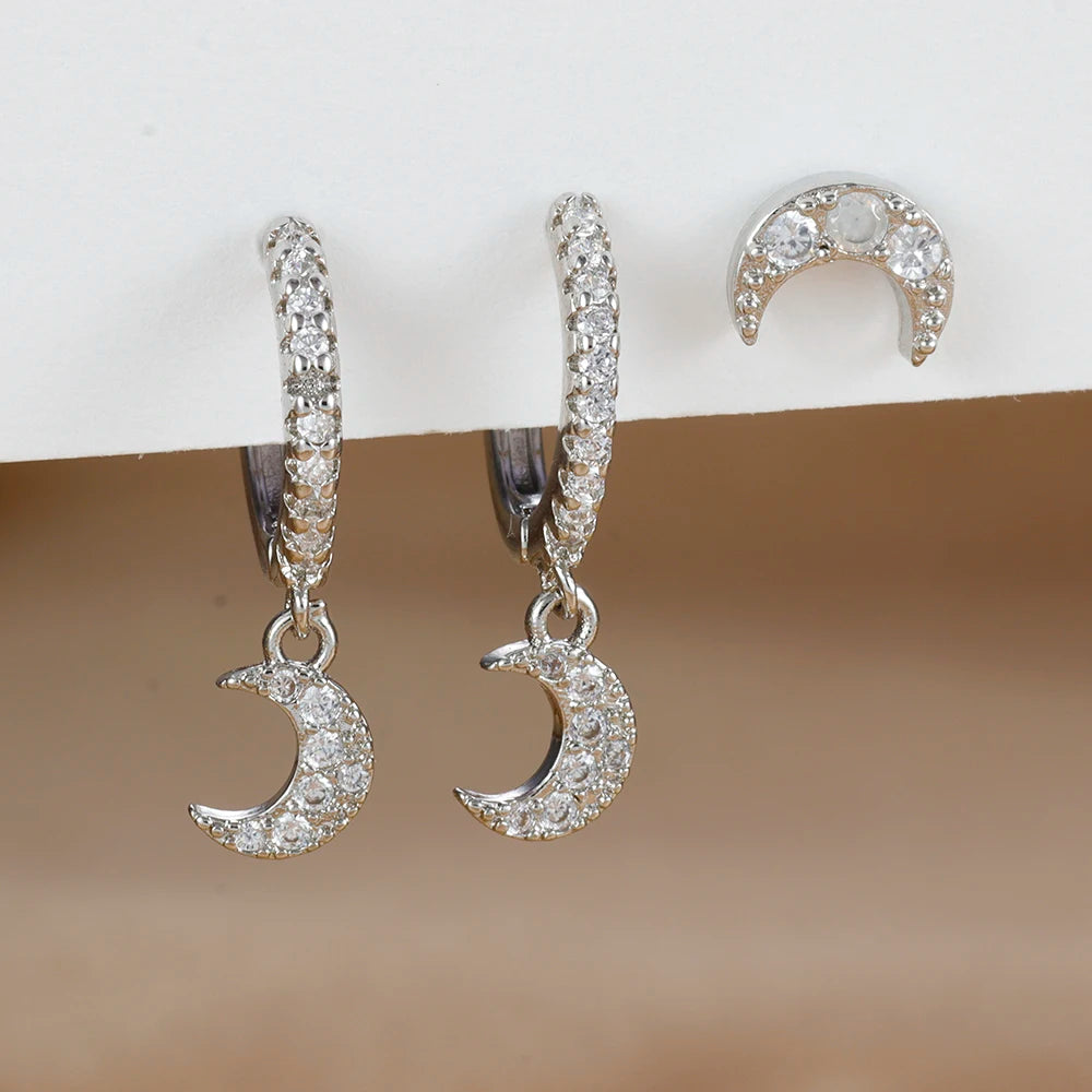3pcs Gold Color Star Moon Drop Earring Set for Women Fashion Cubic Zirconia Chain Dangle Earring Hypoallergenic Piercing Jewelry