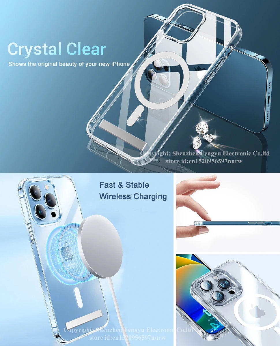 Magnetic Clear Phone Case for Magsafe with Kickstand for iPhone 14 Pro Max 13 12 11 Mini 15 Plus Shockproof Mobile Back Cover