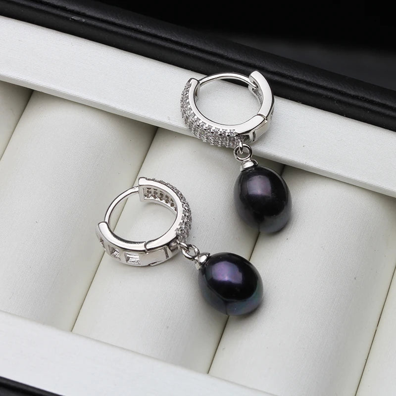 925 Sterling Silver Freshwater Pearl Drop Earrings,Real Natural Black Pearl Earrings Mother Brides Gifts