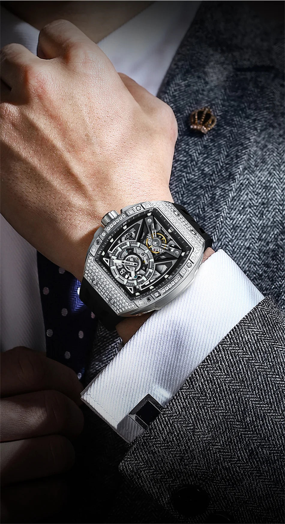 Men Mechanical Winding Watch Montre Homme 2024 New BRUBOSES 5ATM Water Resistant Luminous Tonneau Quartz Wristwatch WIth Diamond