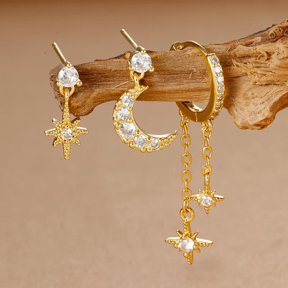 3pcs Gold Color Star Moon Drop Earring Set for Women Fashion Cubic Zirconia Chain Dangle Earring Hypoallergenic Piercing Jewelry