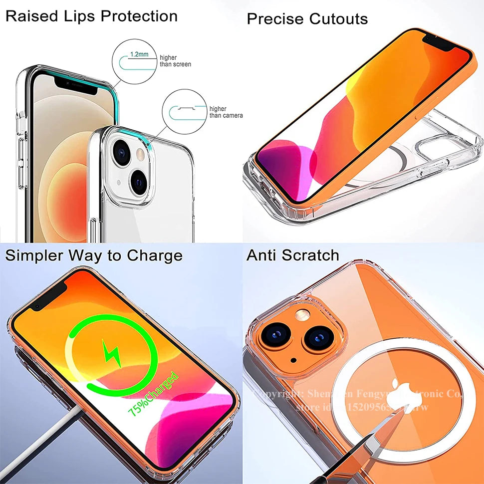 Magnetic Clear Phone Case for Magsafe with Kickstand for iPhone 14 Pro Max 13 12 11 Mini 15 Plus Shockproof Mobile Back Cover