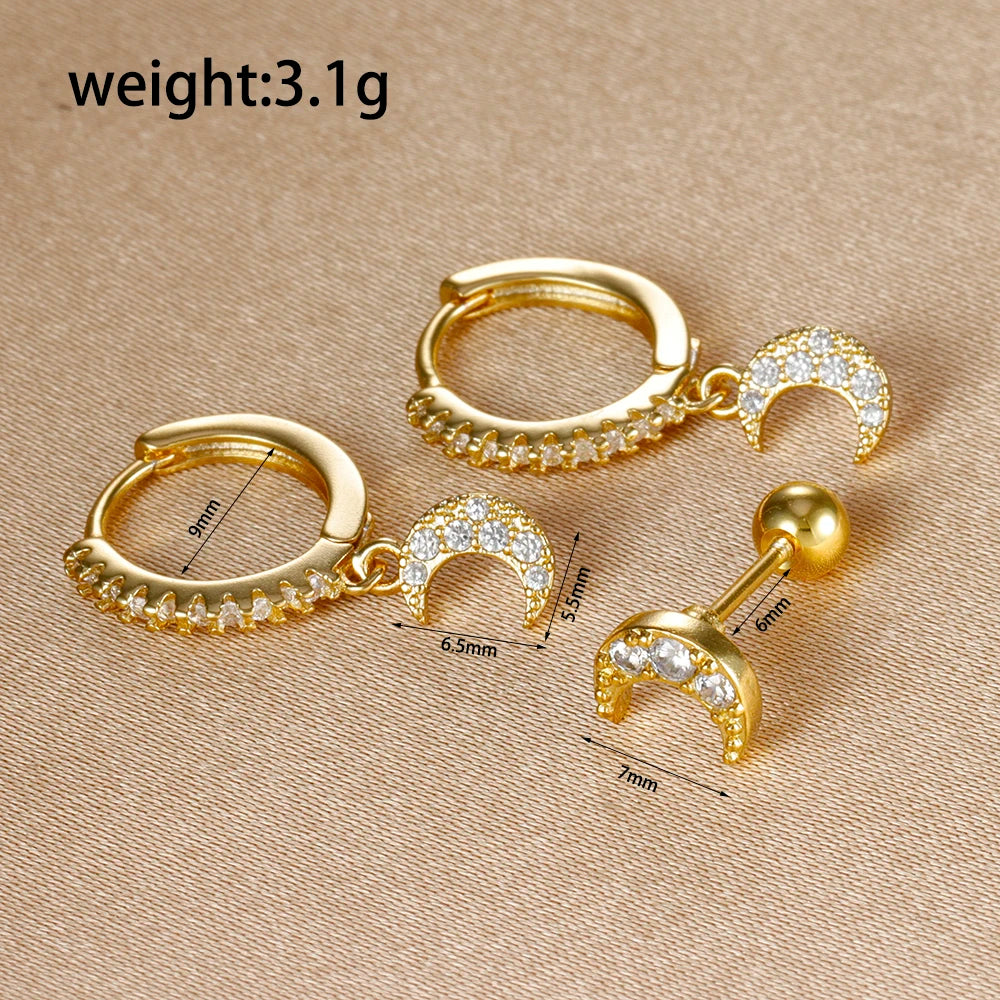 3pcs Gold Color Star Moon Drop Earring Set for Women Fashion Cubic Zirconia Chain Dangle Earring Hypoallergenic Piercing Jewelry