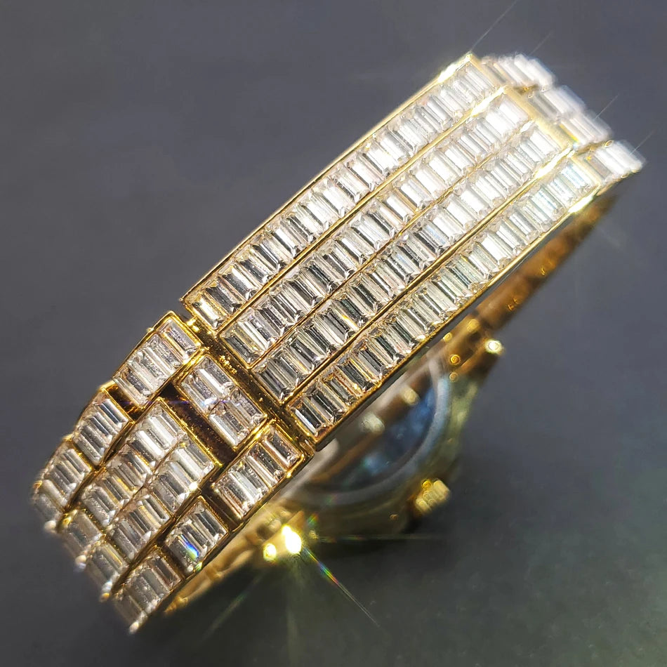 Full Iced Out Watches For Men Luxury Handmade Mosaic Diamond Silver Steel Watch Fashion Hip Hop Silver Automatic Date Male Clock