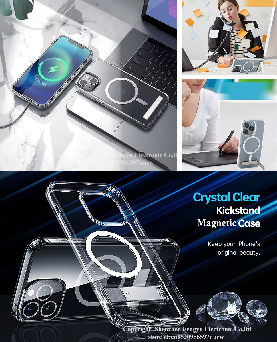 Magnetic Clear Phone Case for Magsafe with Kickstand for iPhone 14 Pro Max 13 12 11 Mini 15 Plus Shockproof Mobile Back Cover