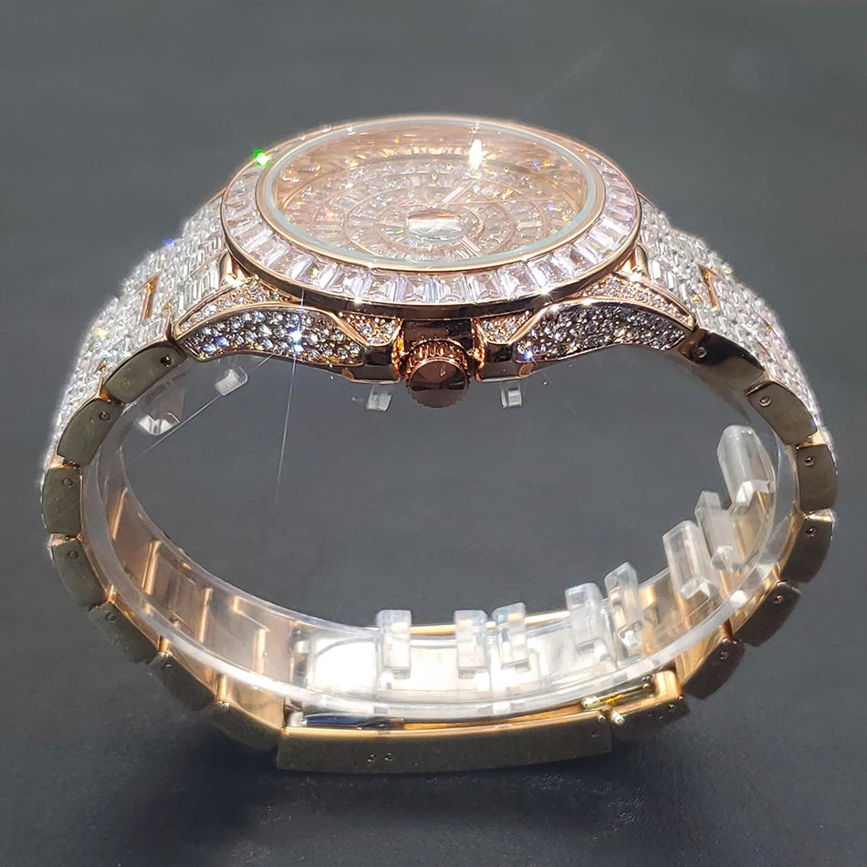 Full Iced Out Watches For Men Luxury Handmade Mosaic Diamond Silver Steel Watch Fashion Hip Hop Silver Automatic Date Male Clock