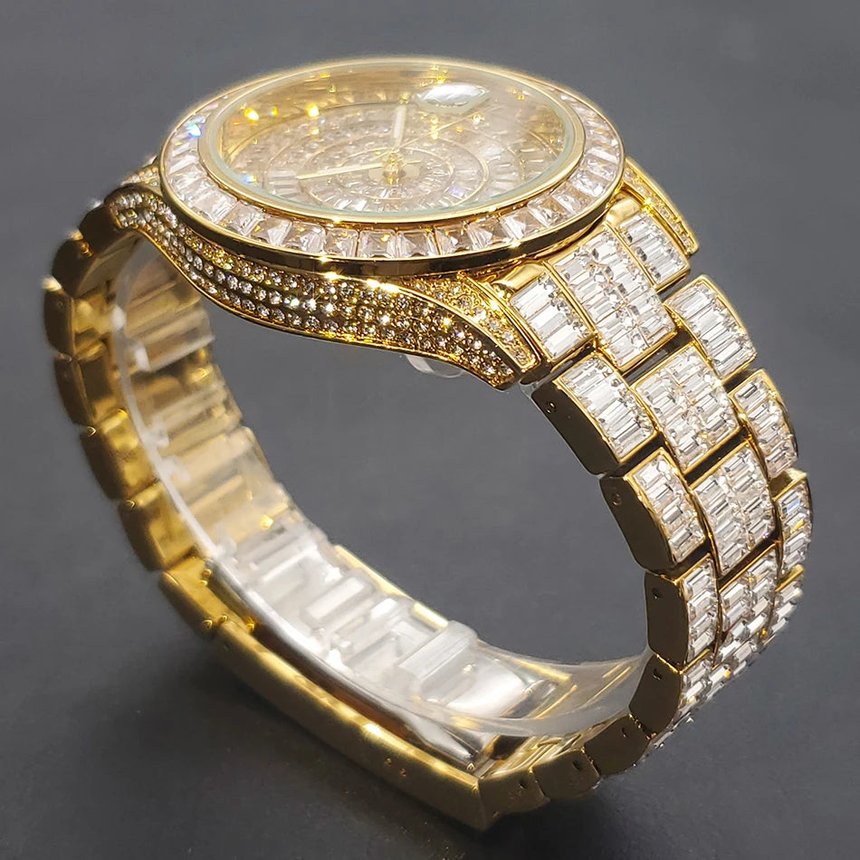 Full Iced Out Watches For Men Luxury Handmade Mosaic Diamond Silver Steel Watch Fashion Hip Hop Silver Automatic Date Male Clock