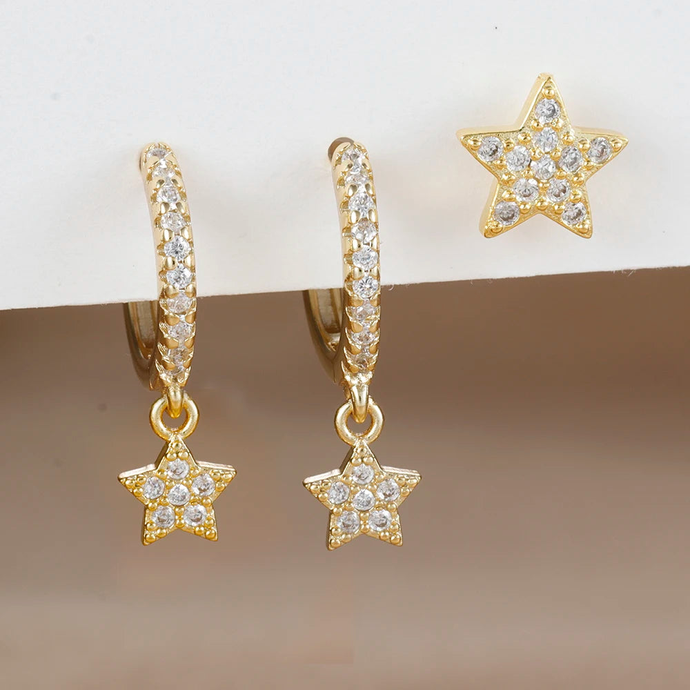 3pcs Gold Color Star Moon Drop Earring Set for Women Fashion Cubic Zirconia Chain Dangle Earring Hypoallergenic Piercing Jewelry