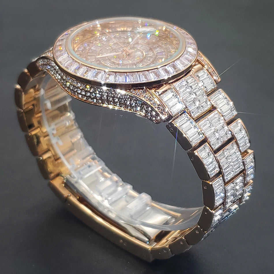 Full Iced Out Watches For Men Luxury Handmade Mosaic Diamond Silver Steel Watch Fashion Hip Hop Silver Automatic Date Male Clock