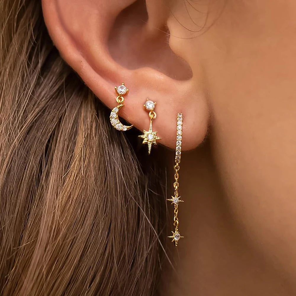 3pcs Gold Color Star Moon Drop Earring Set for Women Fashion Cubic Zirconia Chain Dangle Earring Hypoallergenic Piercing Jewelry