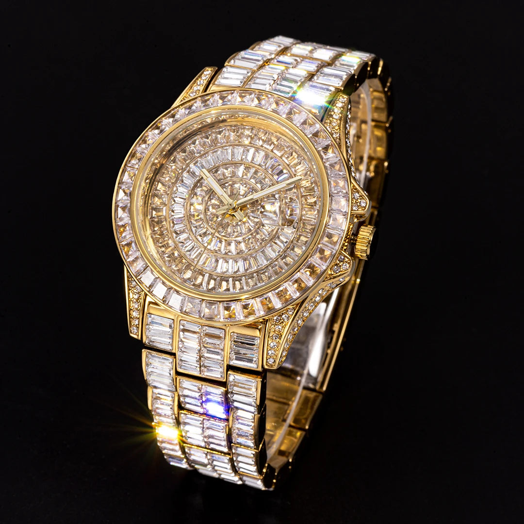 Full Iced Out Watches For Men Luxury Handmade Mosaic Diamond Silver Steel Watch Fashion Hip Hop Silver Automatic Date Male Clock