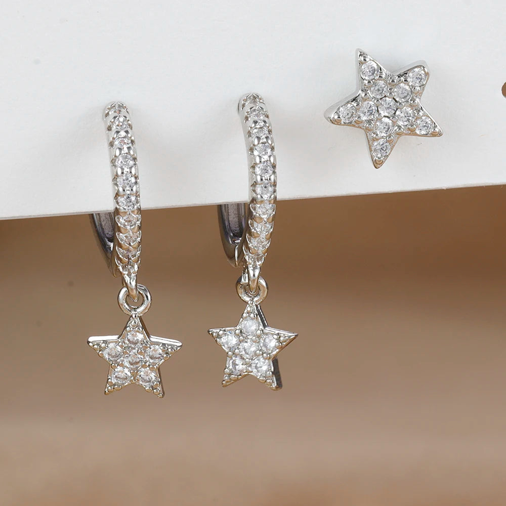 3pcs Gold Color Star Moon Drop Earring Set for Women Fashion Cubic Zirconia Chain Dangle Earring Hypoallergenic Piercing Jewelry