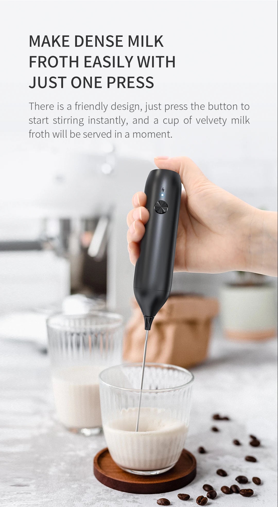 Electric Milk Frother 304 Stainless Steel Mini Foam Maker Rechargeable USB Type-C Cable Drink Mixer Whisk Beater for Coffee