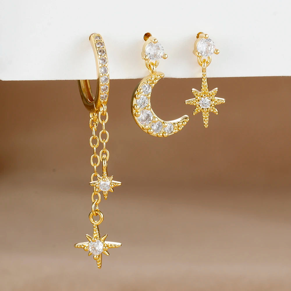 3pcs Gold Color Star Moon Drop Earring Set for Women Fashion Cubic Zirconia Chain Dangle Earring Hypoallergenic Piercing Jewelry
