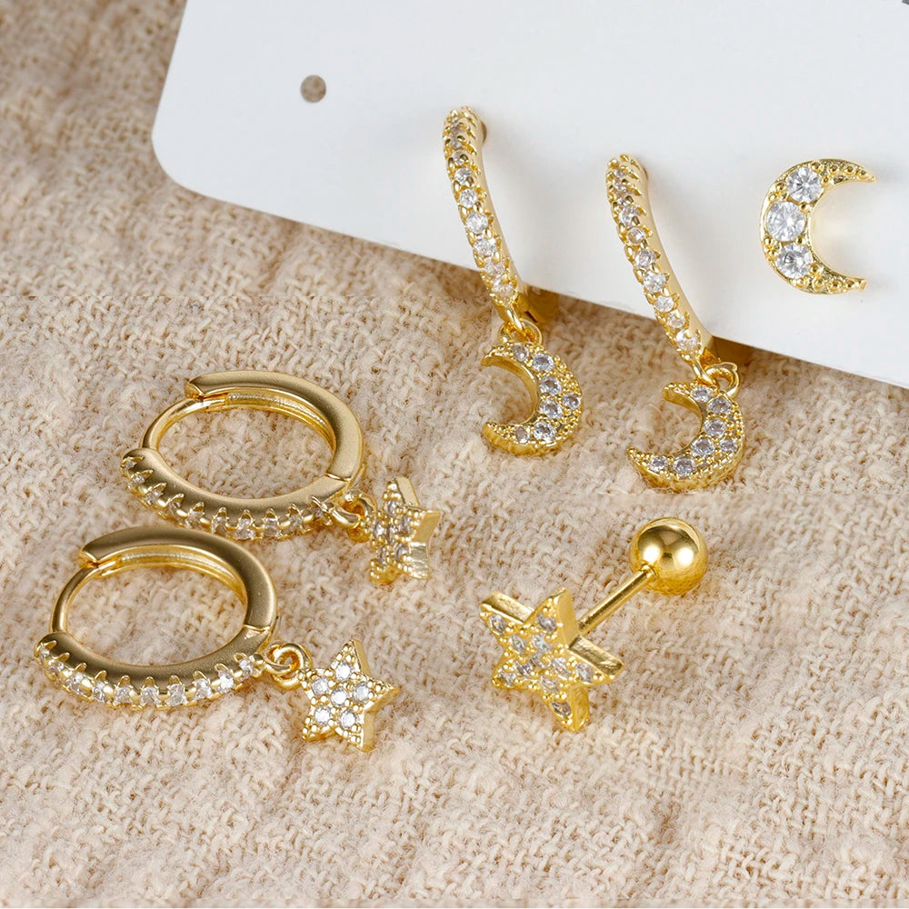 3pcs Gold Color Star Moon Drop Earring Set for Women Fashion Cubic Zirconia Chain Dangle Earring Hypoallergenic Piercing Jewelry
