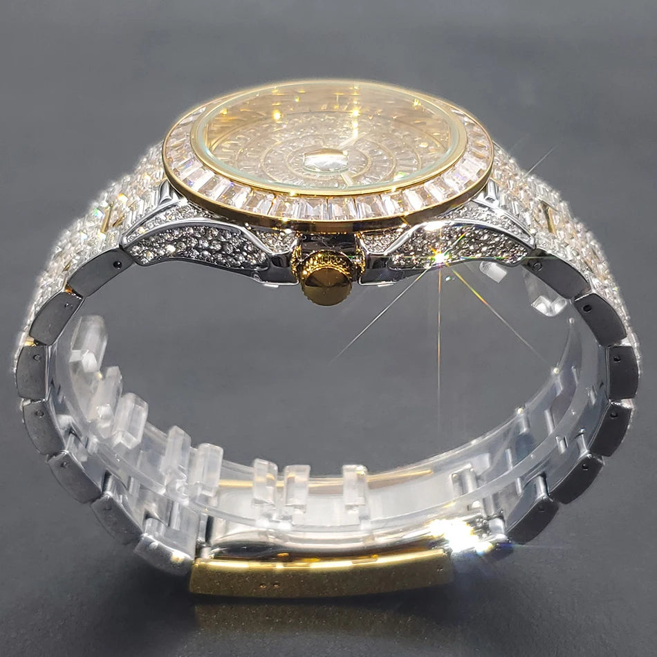 Full Iced Out Watches For Men Luxury Handmade Mosaic Diamond Silver Steel Watch Fashion Hip Hop Silver Automatic Date Male Clock