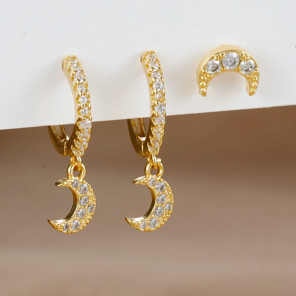3pcs Gold Color Star Moon Drop Earring Set for Women Fashion Cubic Zirconia Chain Dangle Earring Hypoallergenic Piercing Jewelry