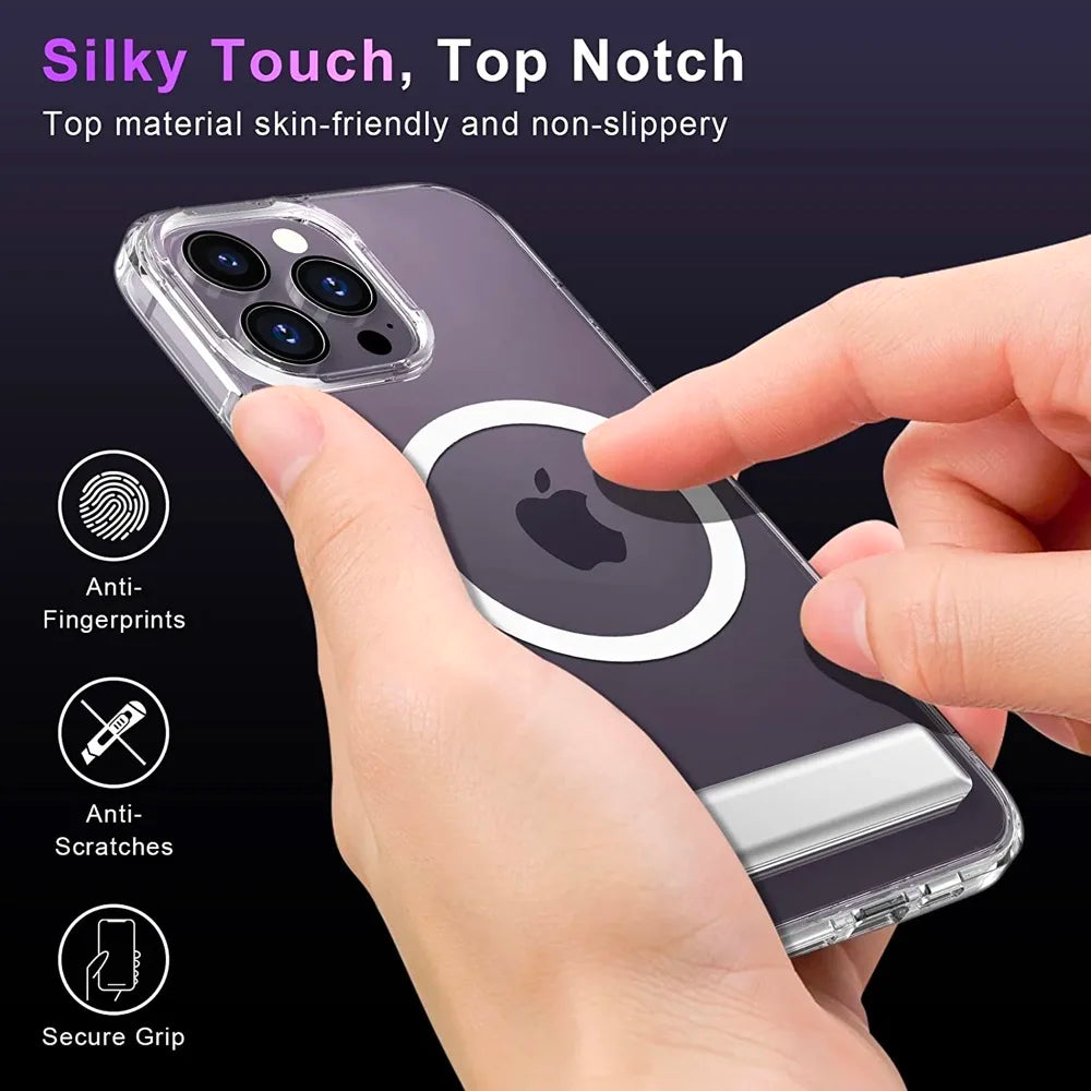Magnetic Clear Phone Case for Magsafe with Kickstand for iPhone 14 Pro Max 13 12 11 Mini 15 Plus Shockproof Mobile Back Cover