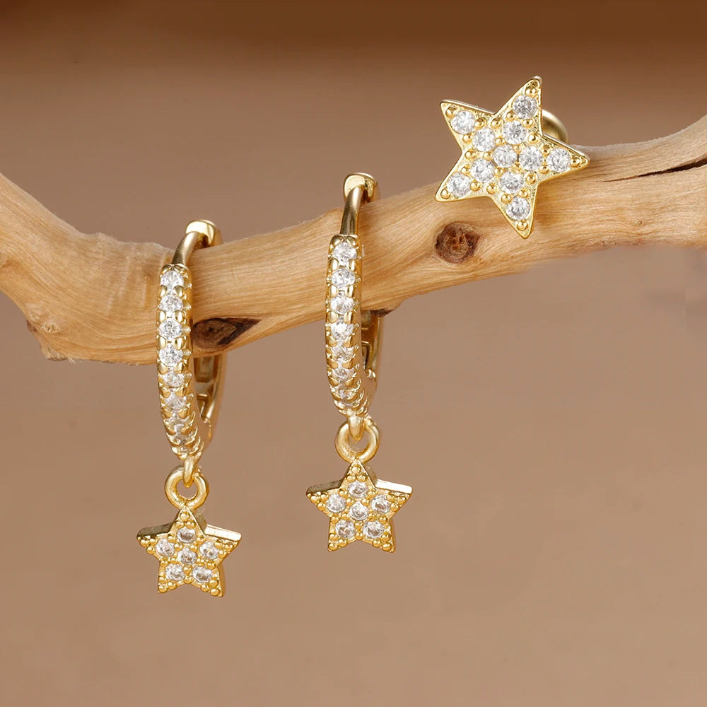 3pcs Gold Color Star Moon Drop Earring Set for Women Fashion Cubic Zirconia Chain Dangle Earring Hypoallergenic Piercing Jewelry