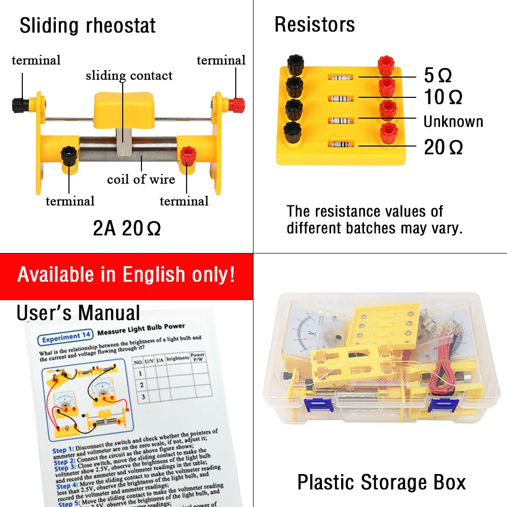 Electric Circuit Learning Kit Physics Electrical Experiment Teaching Aid Ammeter Voltmeter Sliding Rheostat Resistor Science Toy