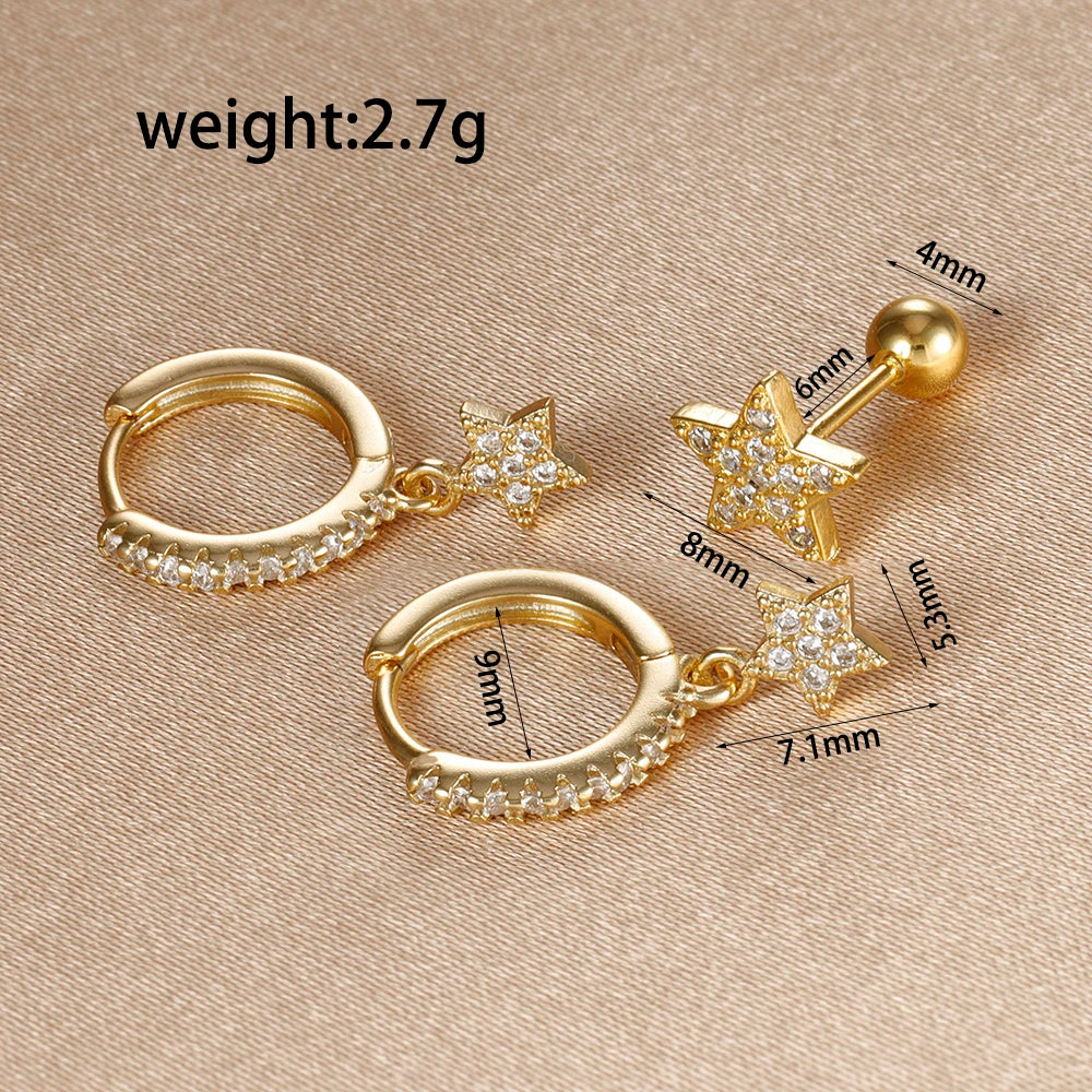 3pcs Gold Color Star Moon Drop Earring Set for Women Fashion Cubic Zirconia Chain Dangle Earring Hypoallergenic Piercing Jewelry