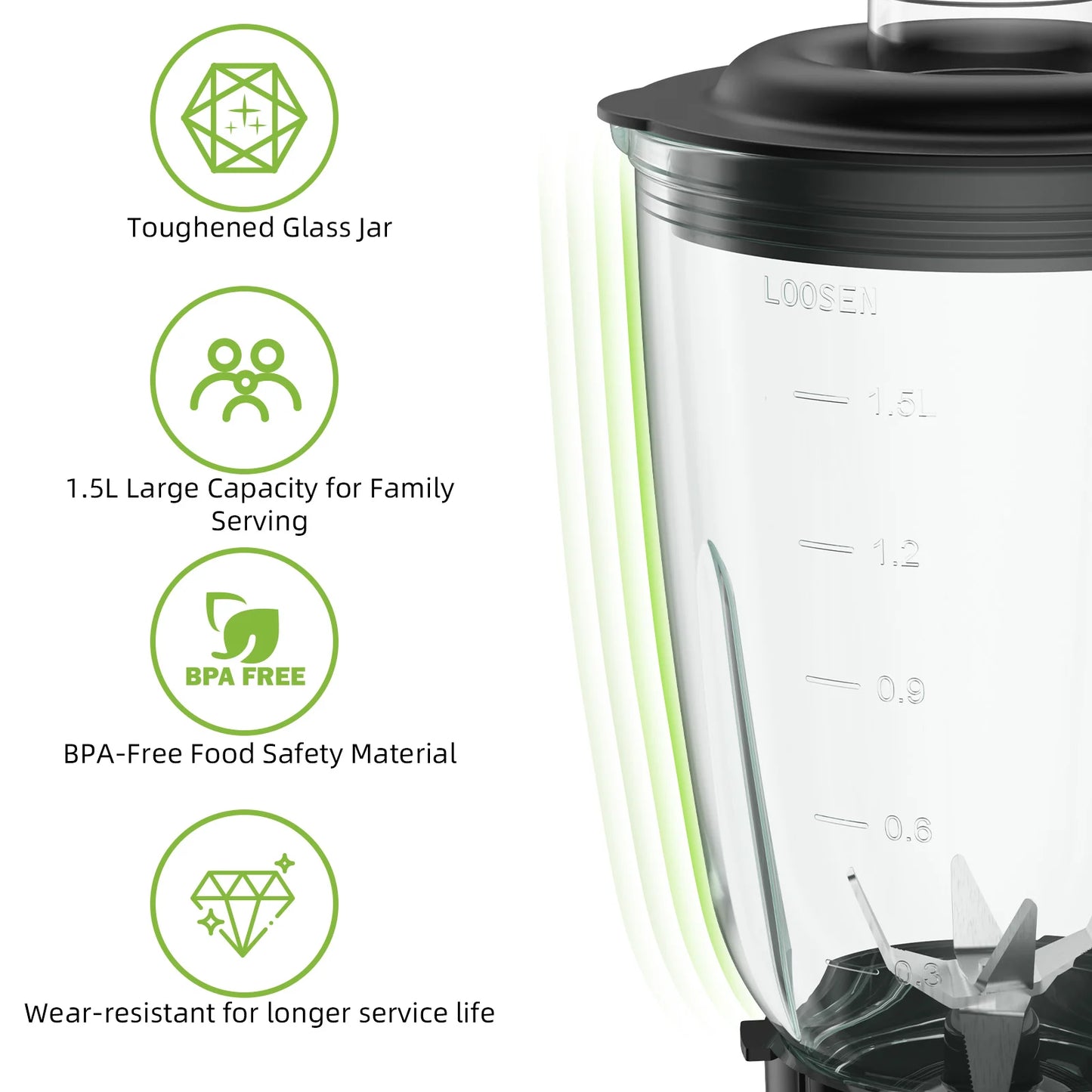 BioloMix 1300W Smoothie Maker with 1.5L Glass Jar Personal Blender for Frozen Fruit Drinks And Sauces