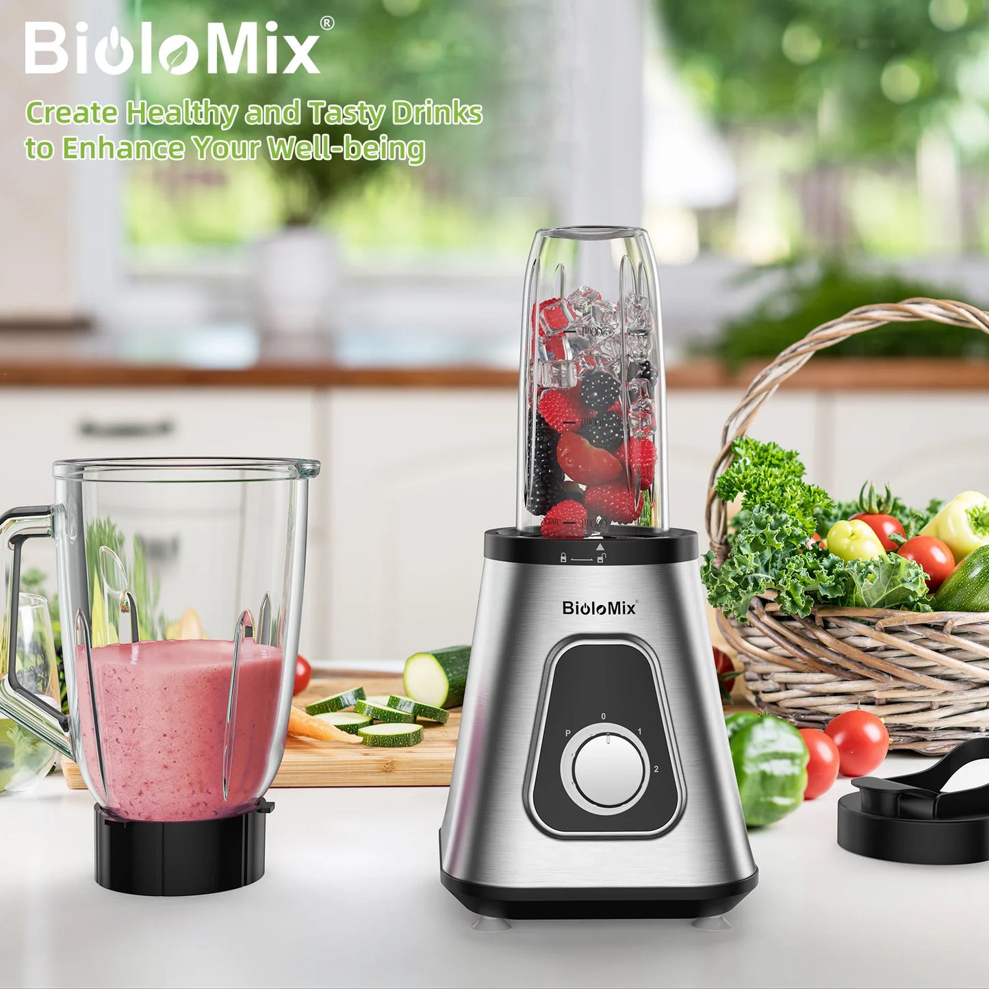 BioloMix 1300W Smoothie Maker with 1.5L Glass Jar Personal Blender for Frozen Fruit Drinks And Sauces