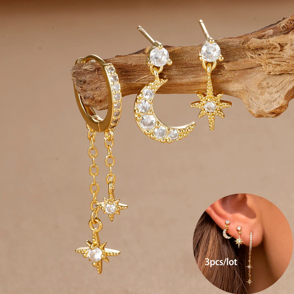 3pcs Gold Color Star Moon Drop Earring Set for Women Fashion Cubic Zirconia Chain Dangle Earring Hypoallergenic Piercing Jewelry