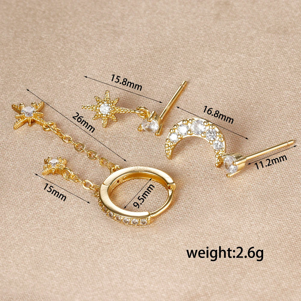 3pcs Gold Color Star Moon Drop Earring Set for Women Fashion Cubic Zirconia Chain Dangle Earring Hypoallergenic Piercing Jewelry
