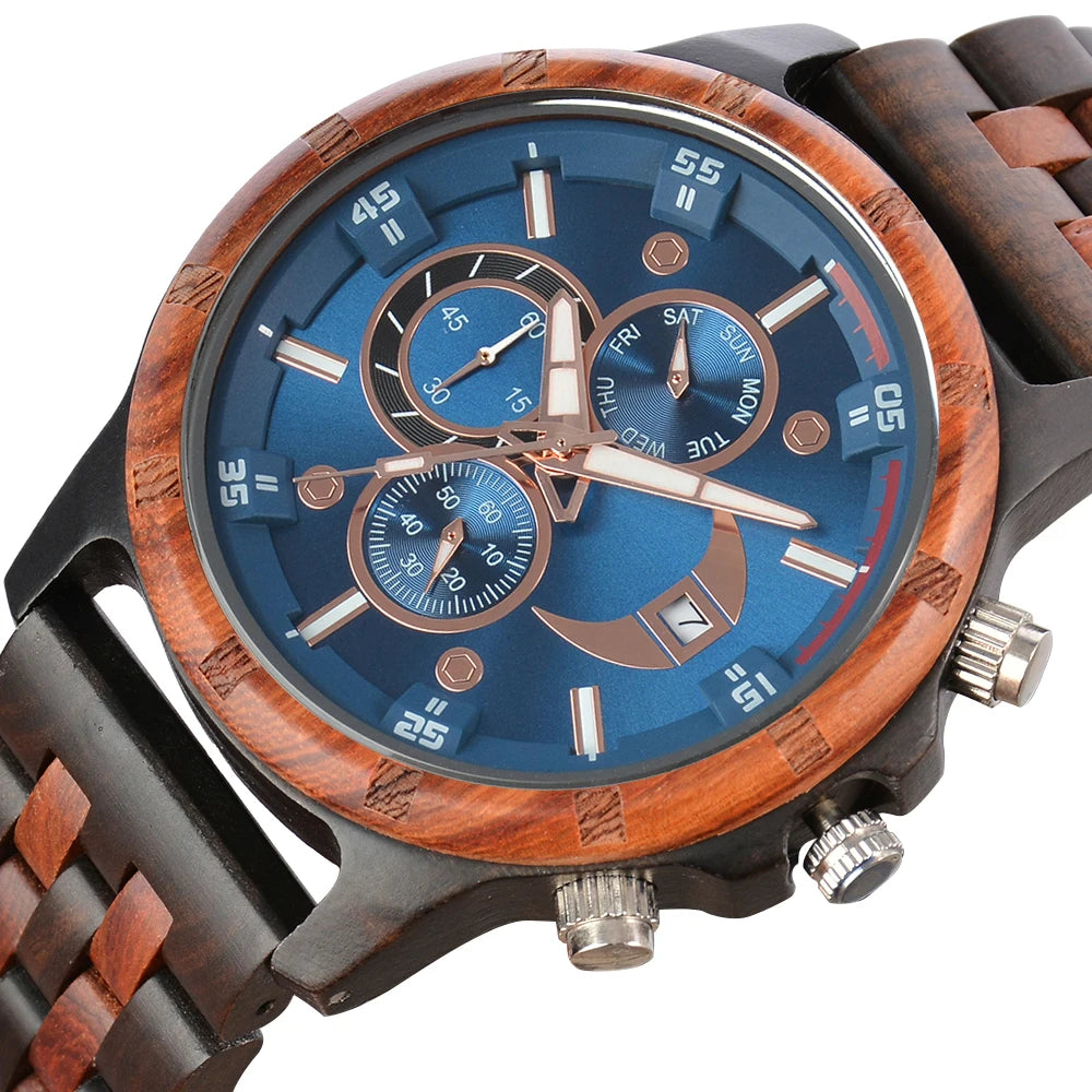 Wooden Wrist Watches For Men Fashion Quartz Wristwatches With Clock Date Week Timepieces Wood Wach Box for Him reloj hombre