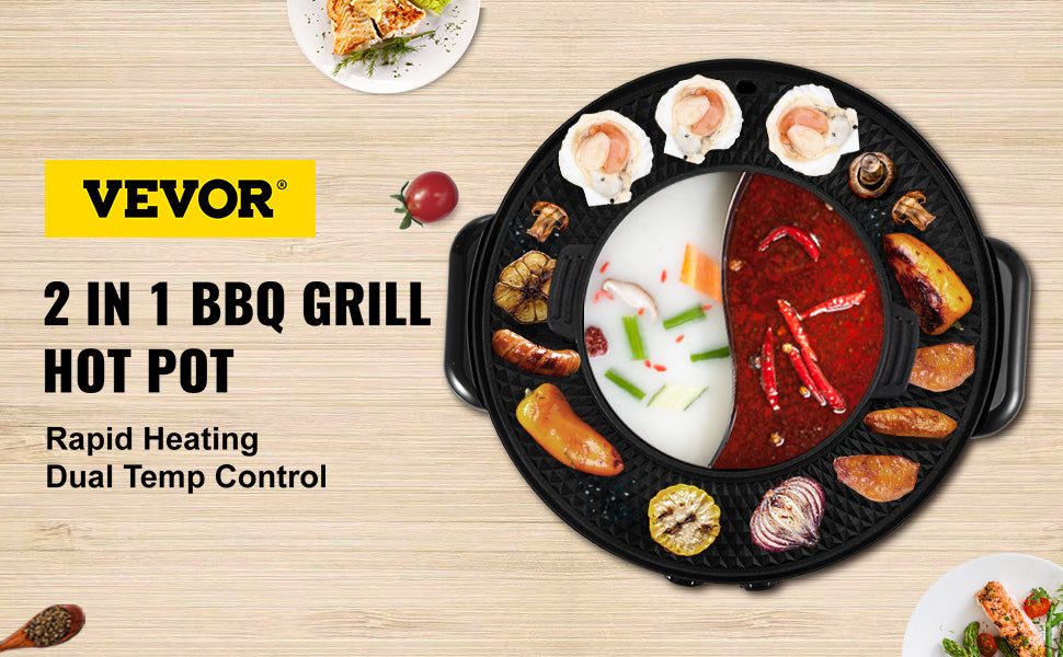 VEVOR 2 in 1 Electric Hot Pot BBQ Grill 2200W Multifunction Portable Home Non-Stick Split Pot Smokeless Skillet Barbecue Pan