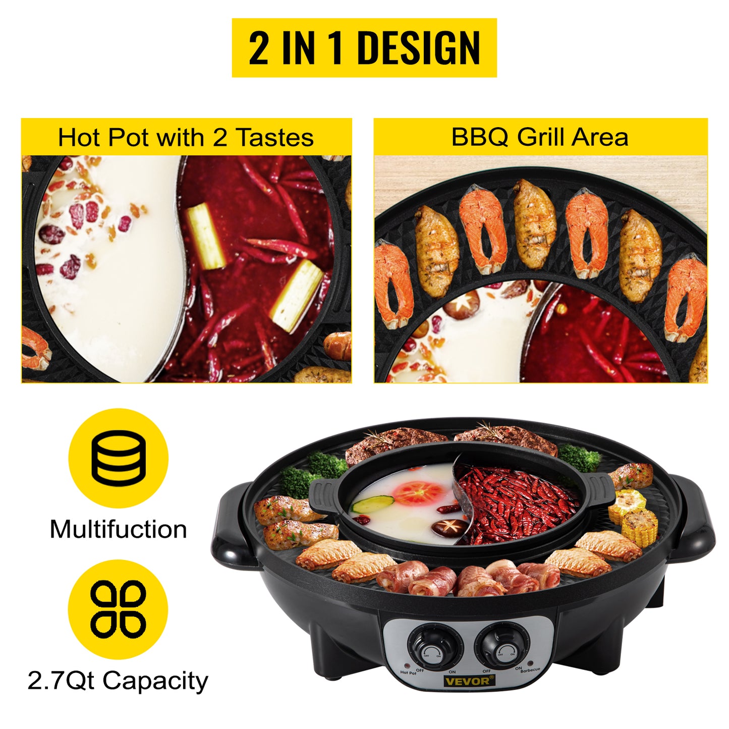 VEVOR 2 in 1 Electric Hot Pot BBQ Grill 2200W Multifunction Portable Home Non-Stick Split Pot Smokeless Skillet Barbecue Pan