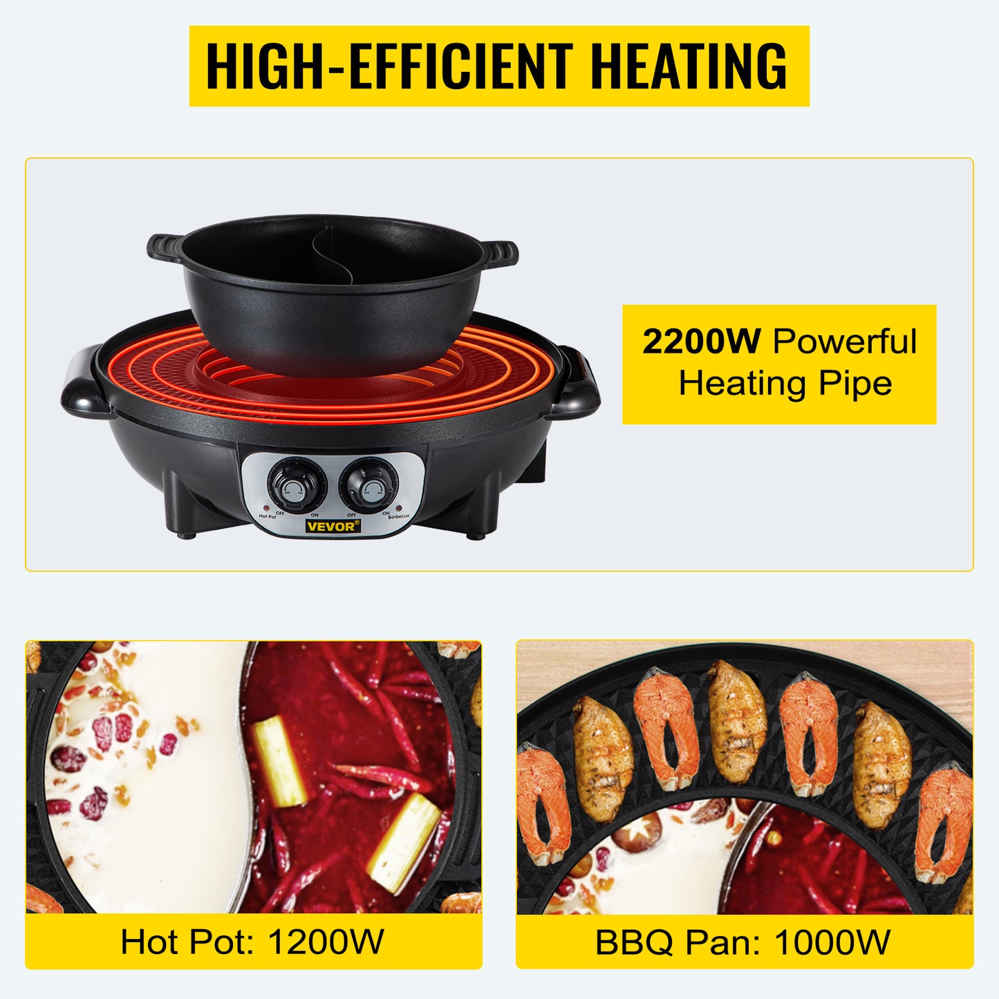 VEVOR 2 in 1 Electric Hot Pot BBQ Grill 2200W Multifunction Portable Home Non-Stick Split Pot Smokeless Skillet Barbecue Pan