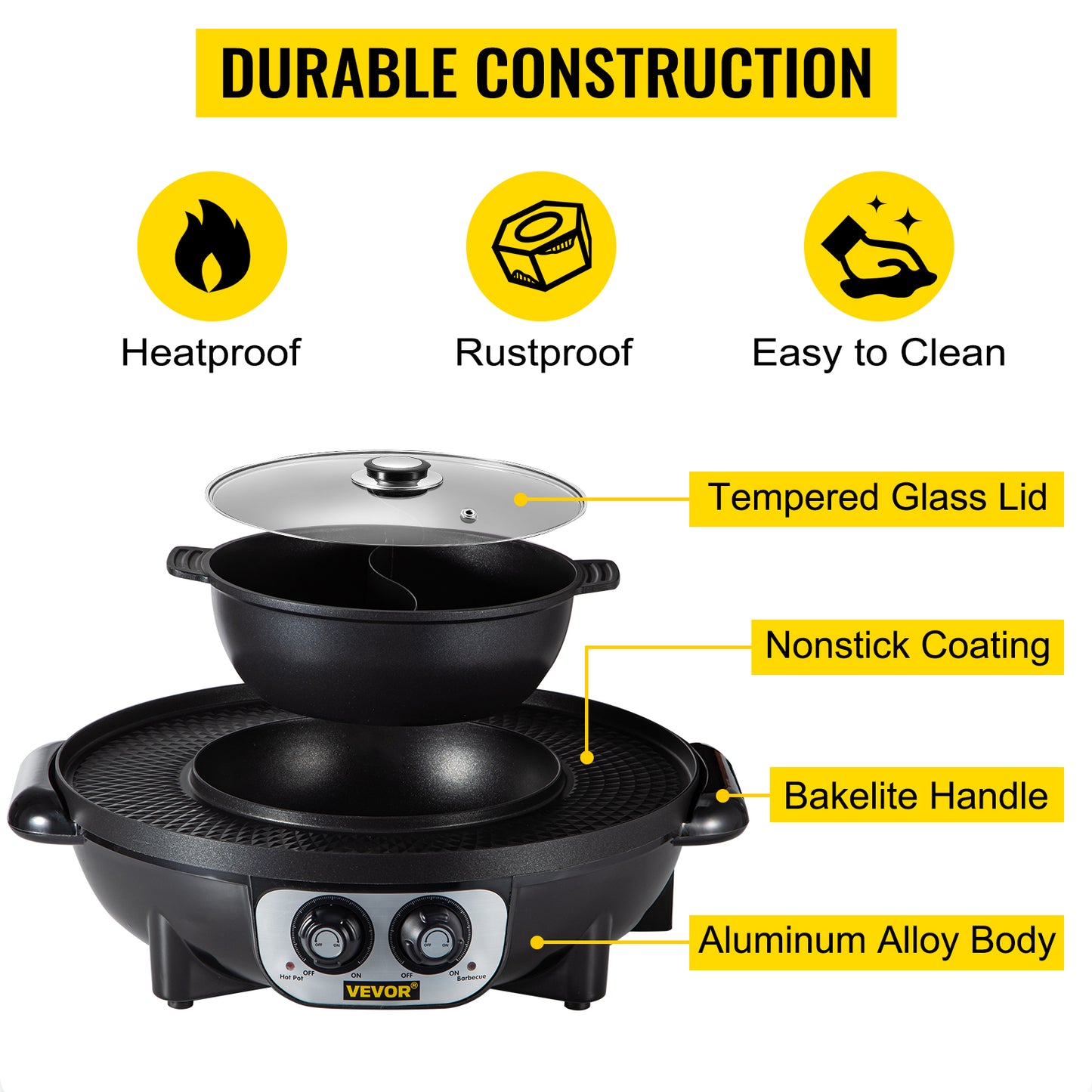 VEVOR 2 in 1 Electric Hot Pot BBQ Grill 2200W Multifunction Portable Home Non-Stick Split Pot Smokeless Skillet Barbecue Pan