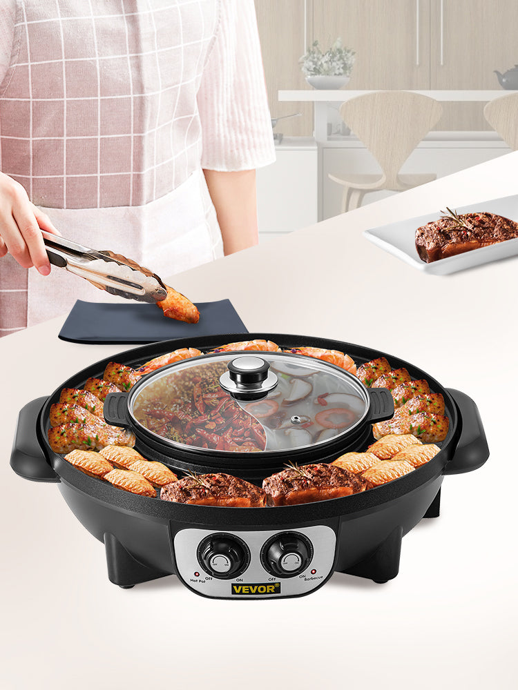 VEVOR 2 in 1 Electric Hot Pot BBQ Grill 2200W Multifunction Portable Home Non-Stick Split Pot Smokeless Skillet Barbecue Pan