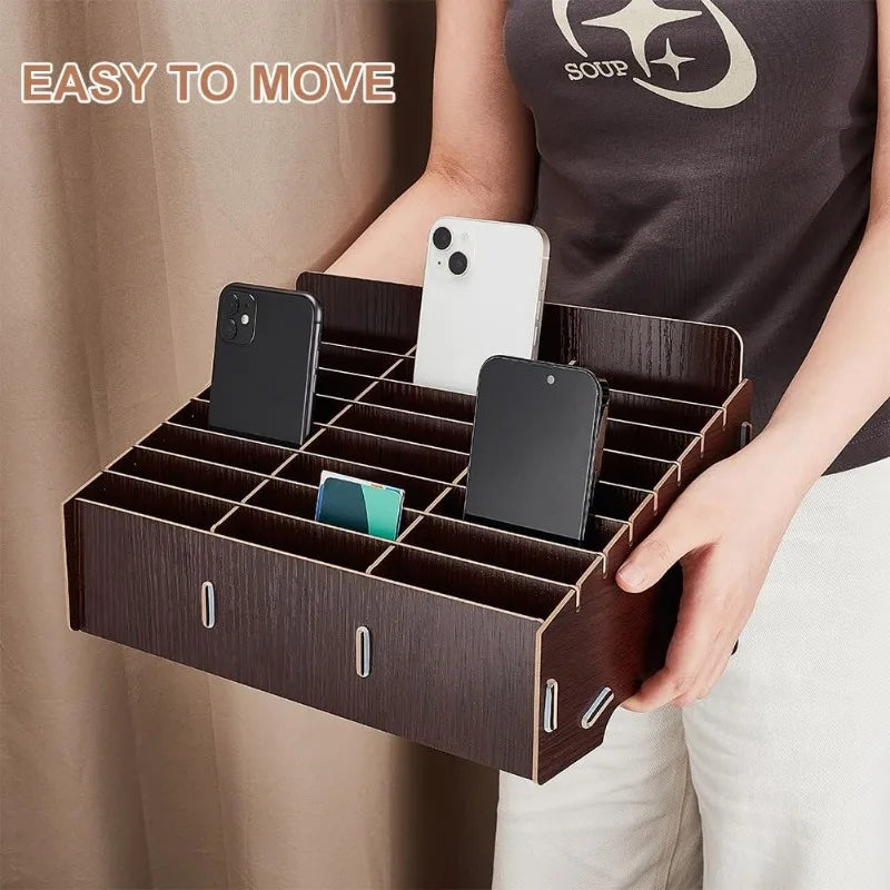 24-Grid Wooden Mobile Phone Management Storage Box Black Cell Phone Storage Box Desktop Organizer for Office and School