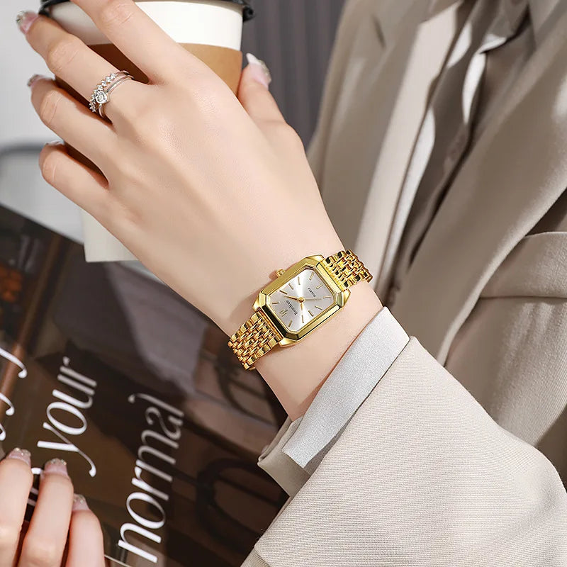 Women Watches Business Luxury Ladies Fashion Quartz Watch Simple Scale Square Quality Gold Plated Stainless Steel Folding Clock