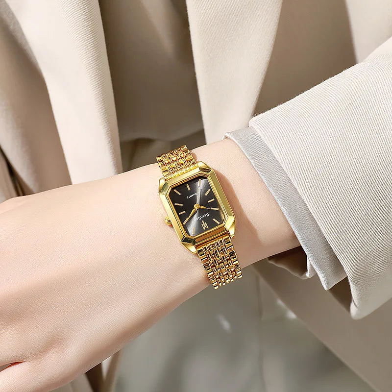 Women Watches Business Luxury Ladies Fashion Quartz Watch Simple Scale Square Quality Gold Plated Stainless Steel Folding Clock