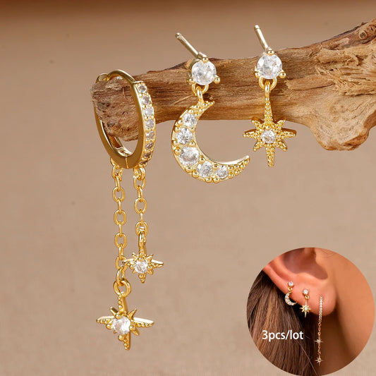 3pcs Gold Color Star Moon Drop Earring Set for Women Fashion Cubic Zirconia Chain Dangle Earring Hypoallergenic Piercing Jewelry